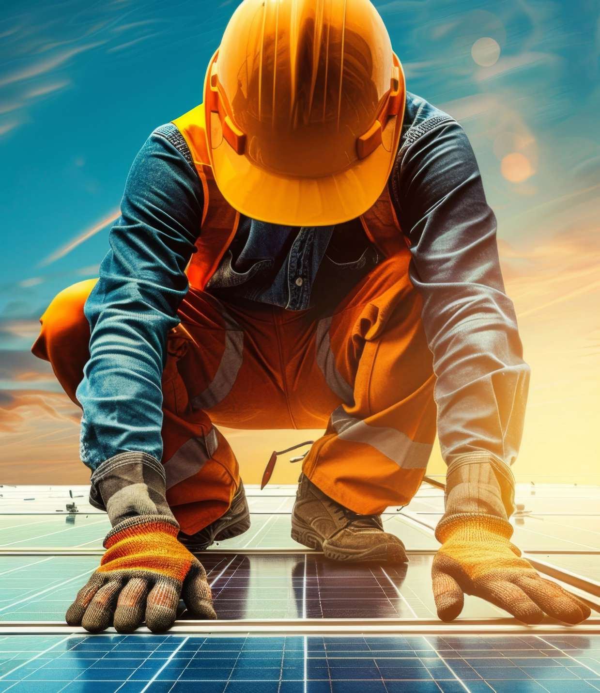Technician in a hard hat working on solar panels